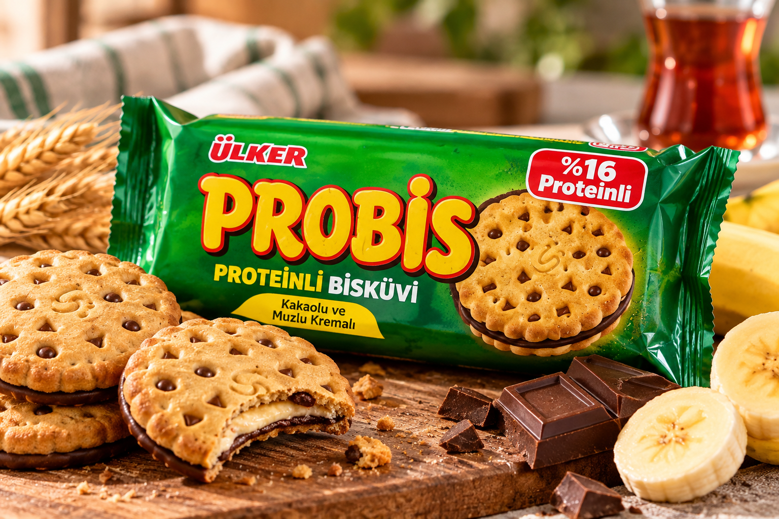 Ülker Probis – Biscoito com Proteína, Cacau e Creme de Banana