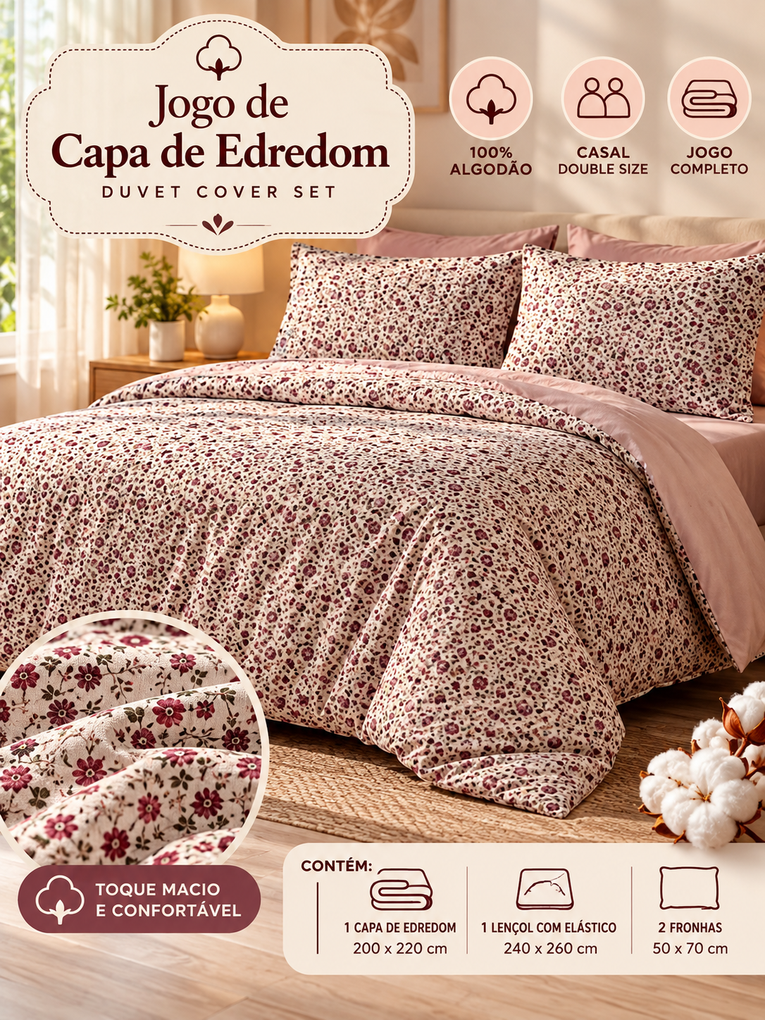 Jogo de Capa de Edredom 100% Algodão – Casal